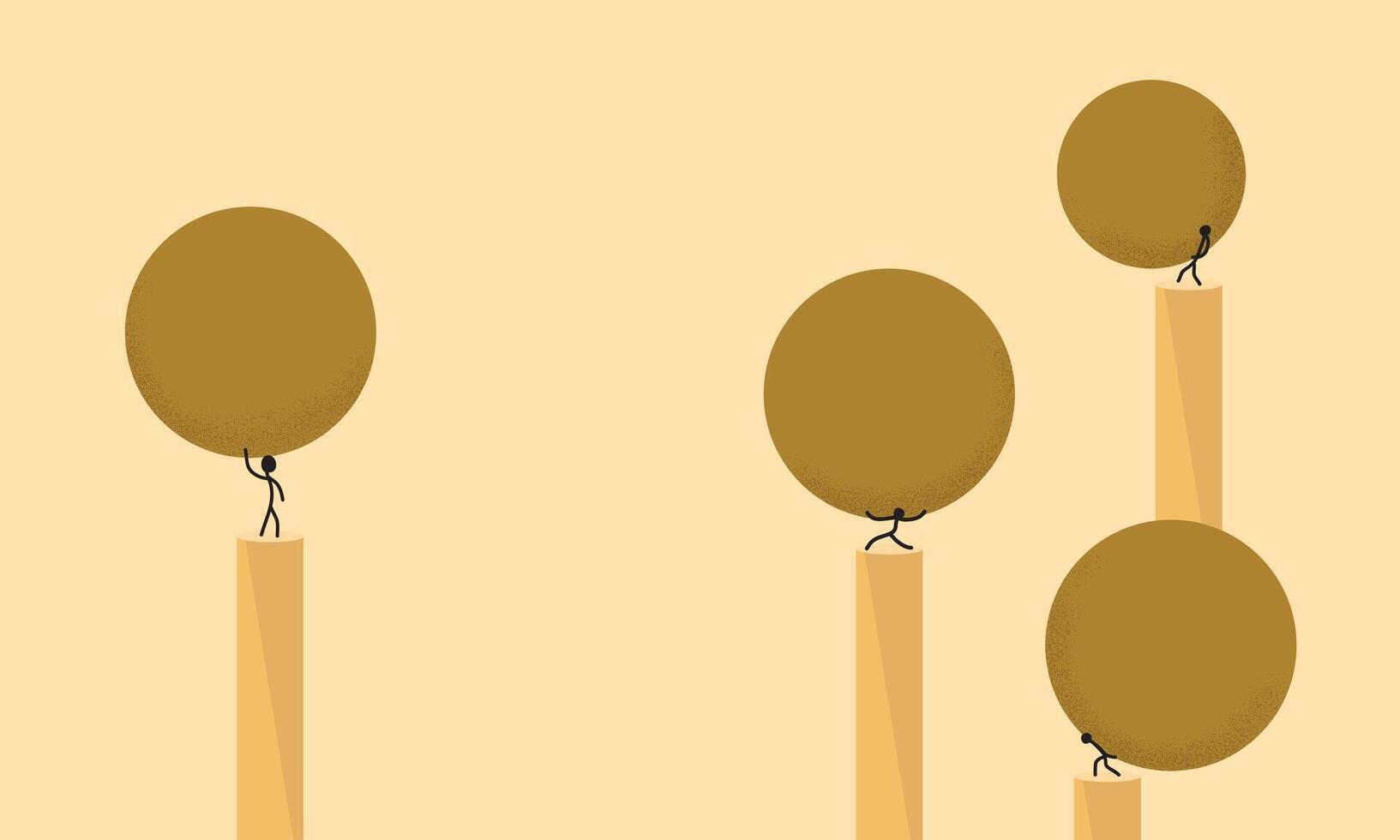 Minimalist Illustration of a Group of People Lifting a Spheres with Difficulty, on a Pillars, with Another Person Lifting it Easily. Symbolizes an Experience That Creates Ease and Strength vector