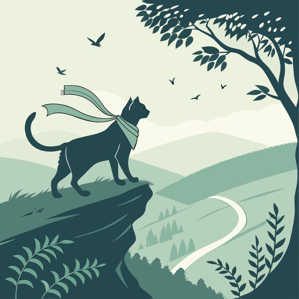 Illustration of Cat Standing on a Cliff Overlooking Green Hills and Sky vector