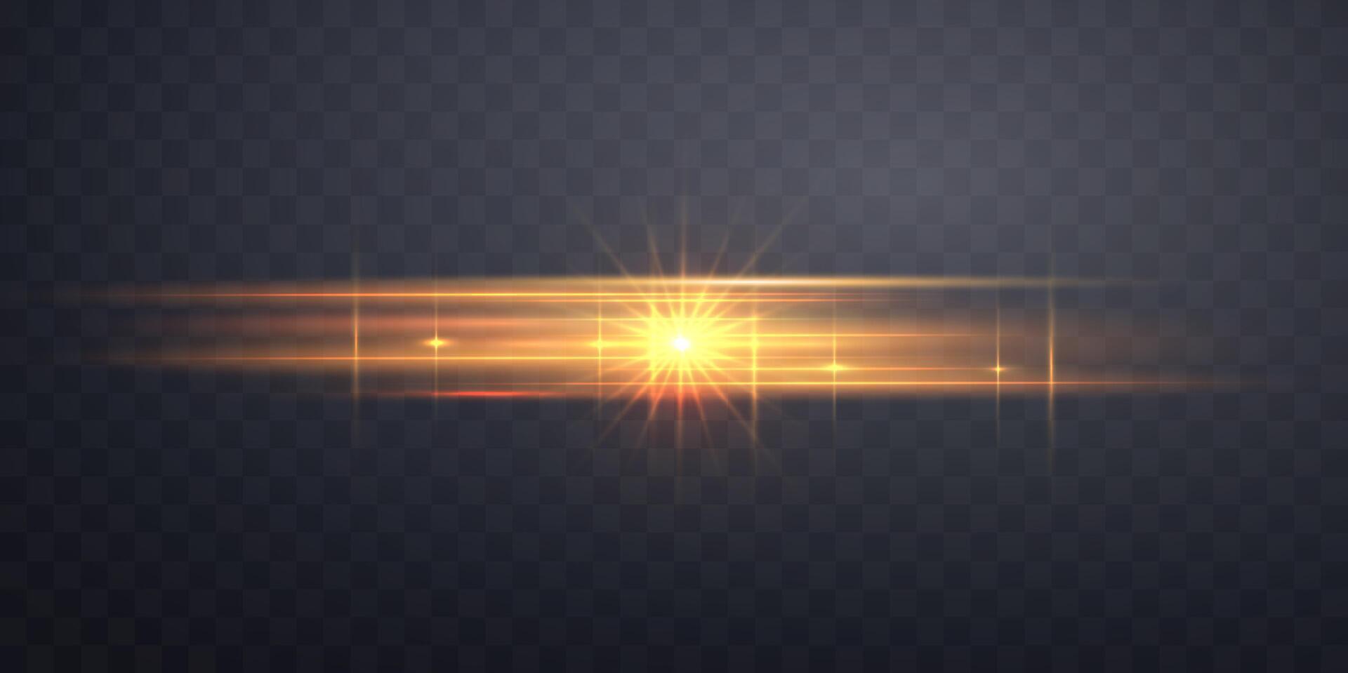 Orange horizontal reflection, lensflare. Light flash with rays or golden spotlight vector