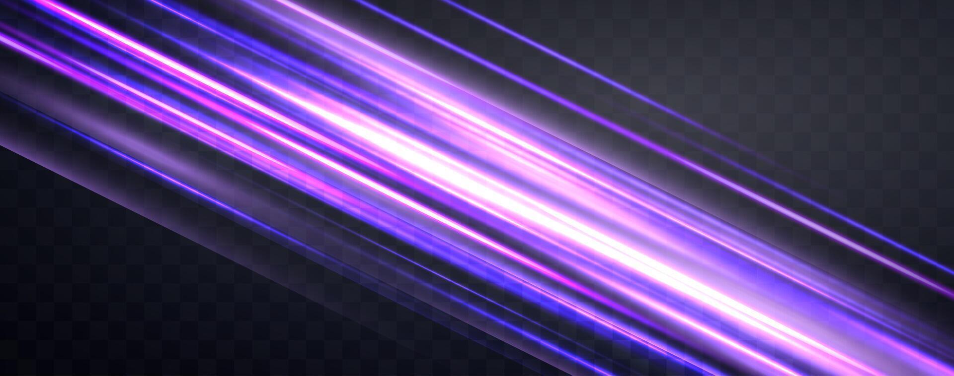 Speed rays, velocity light neon flow, zoom in motion effect, purple glow speed lines, colorful light stripes. vector