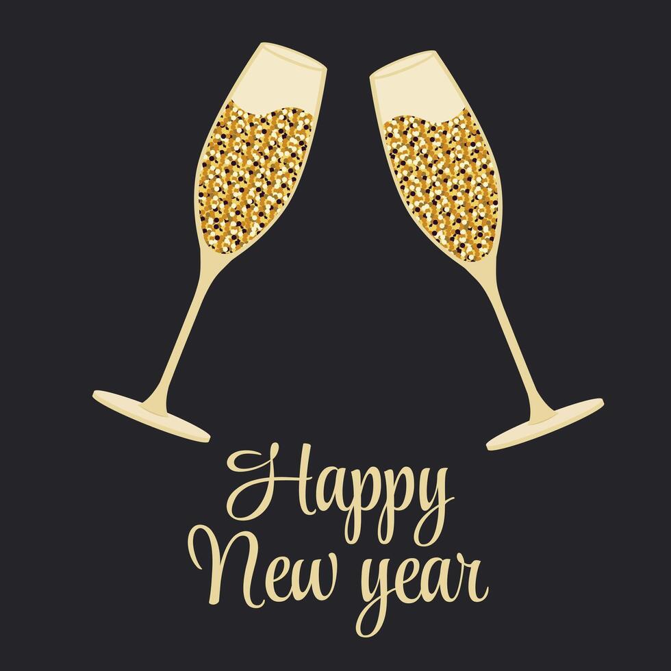 Background Happy New Year concept. Two glasses of champagne with gold glitters. Template for greeting card, party invitation, social media. vector