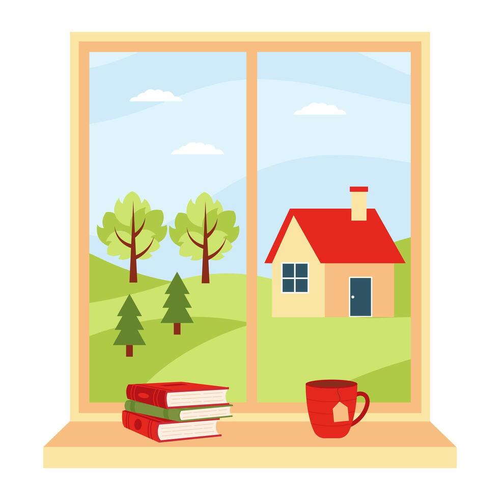 Summer window. Summer with autumn landscape and on the sill a book and cup. Summer scenery with village. vector