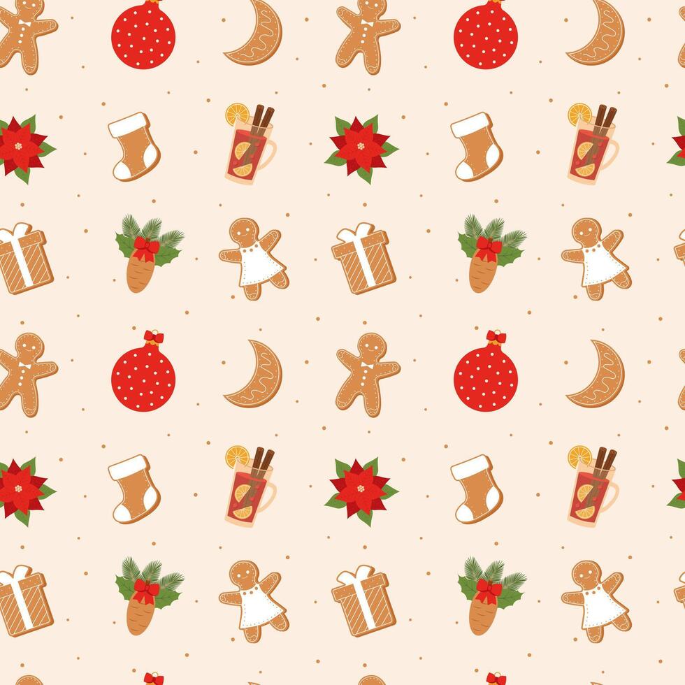 Christmas pattern seamless. Seamless pattern withchristmas tree toys, spruce branch, cones, poinsettia, mulled wine and gingerbreads. vector