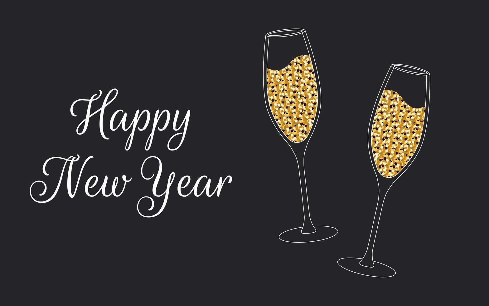 New Year banner. Two glasses of champagne with gold glitters. Template for greeting card, party invitation, social media. Christmas background. vector
