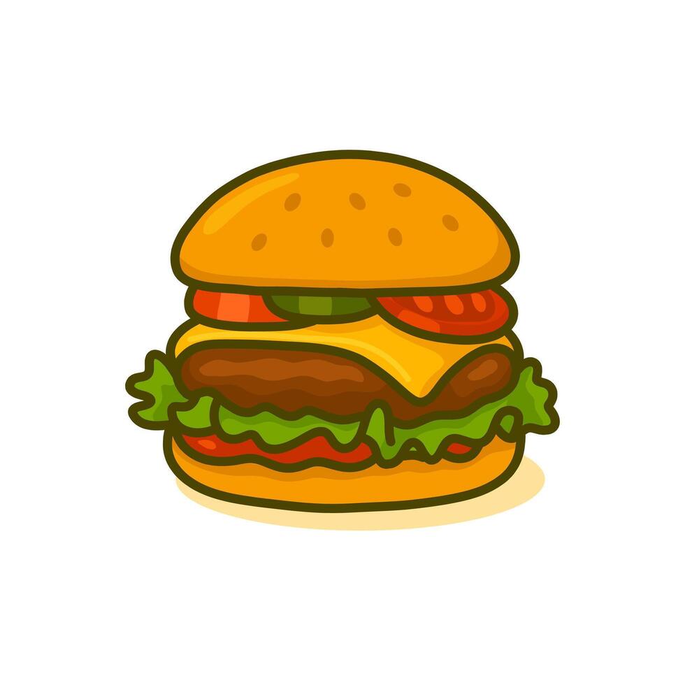 Cartoon Delicious Burger Illustration with Lettuce, Tomato and Cheese vector