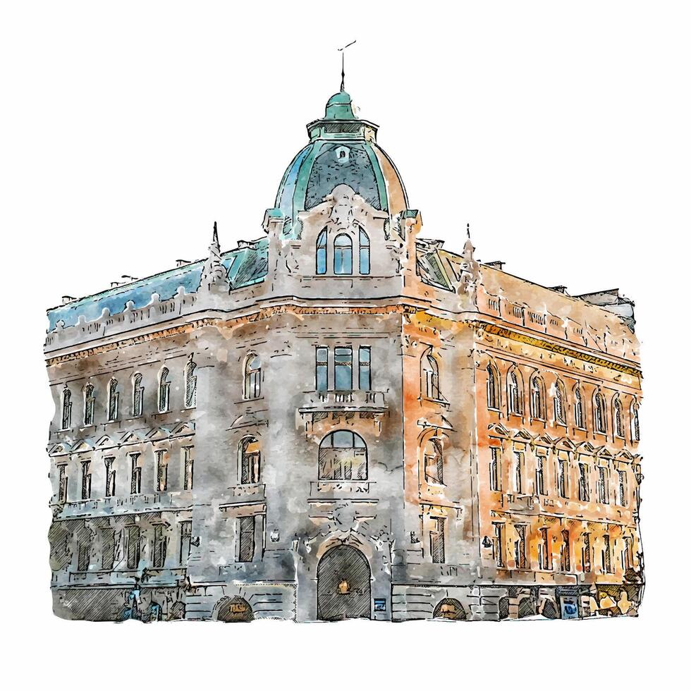 Artistic Watercolor Impression of Grand European Architecture Building Facade vector