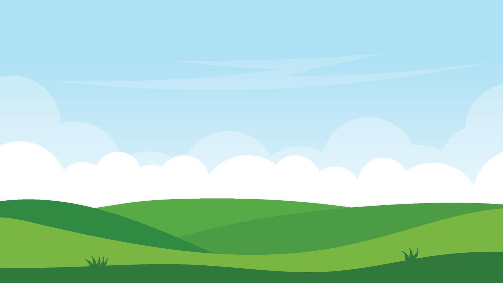 green filed with white cloud and blue sky. landscape cartoon background scene vector