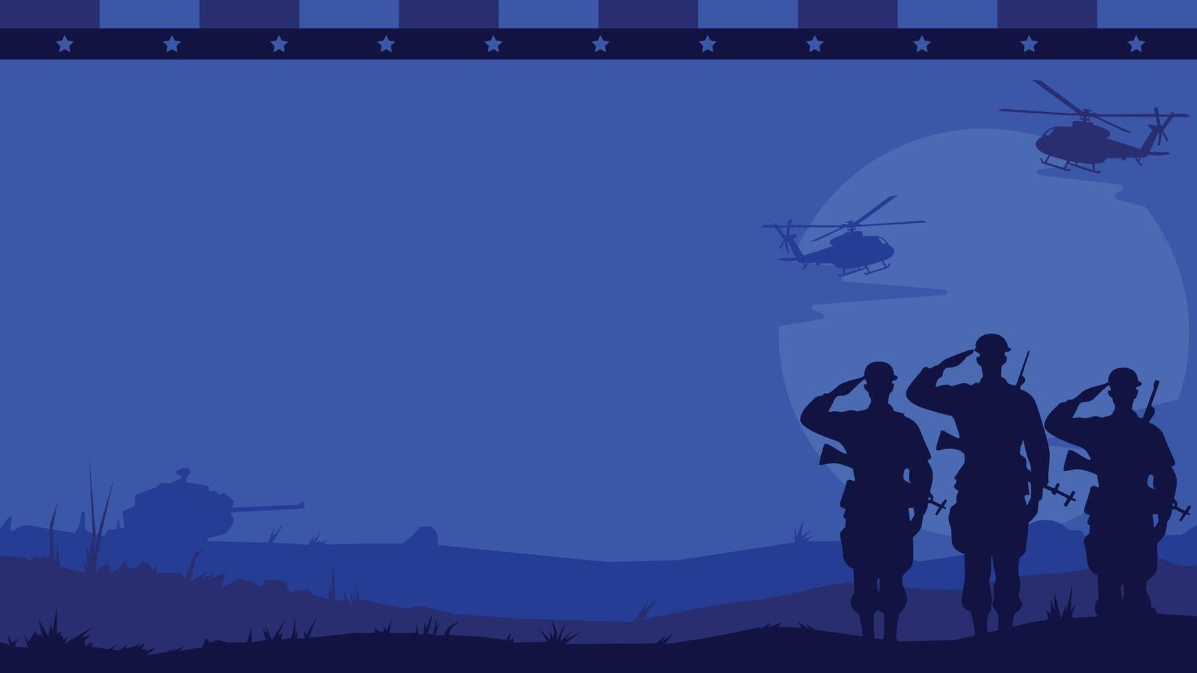 Silhouette illustration of American soldier framed with patriotic US flag elements and blank copyspace in the center. Ideal for Army Day, military posters, and tribute designs. vector