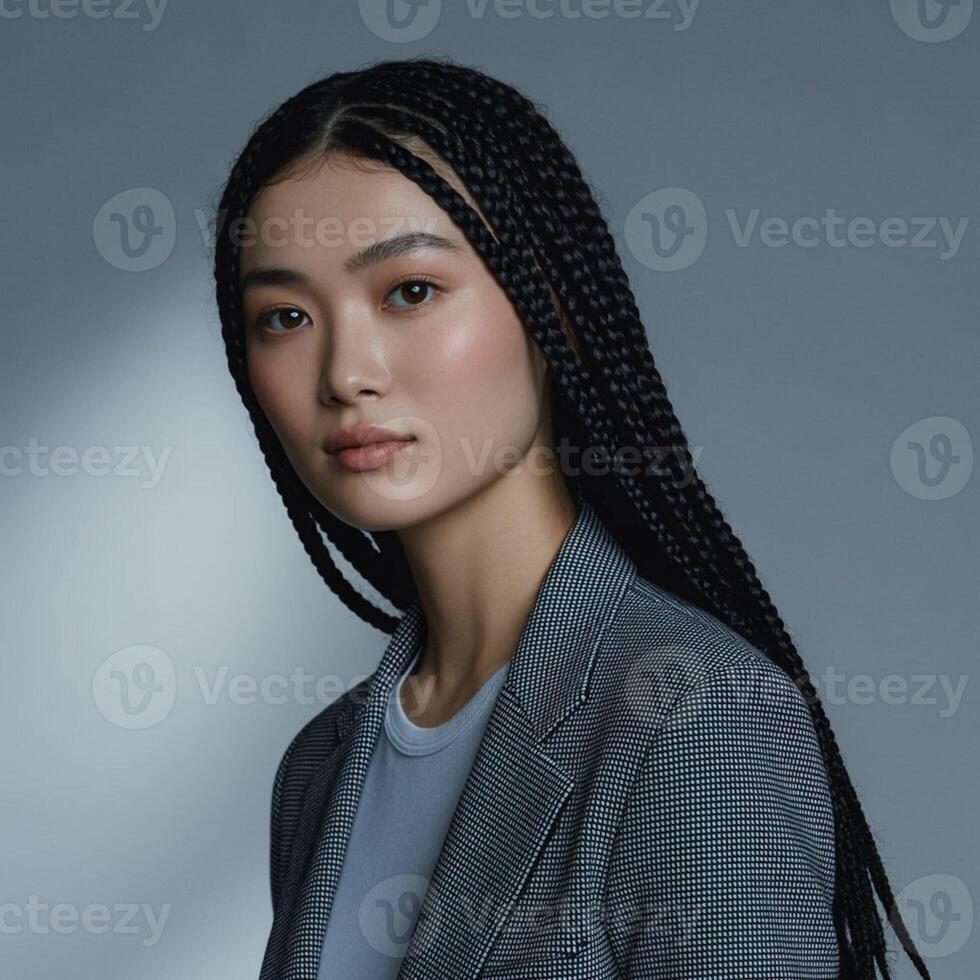 Portrait of young woman with braided hair wearing blazer photo