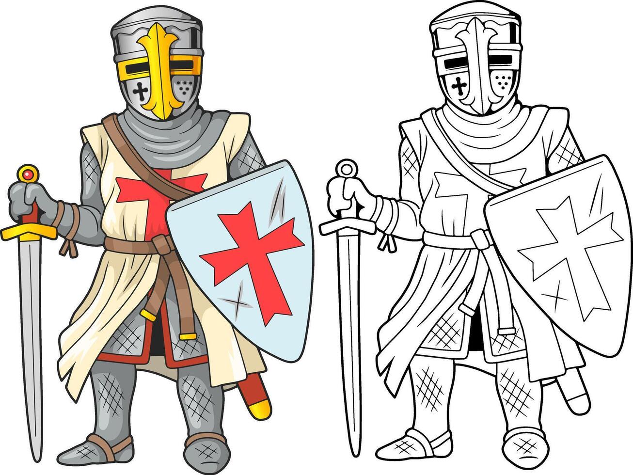 Medieval warrior crusader coloring book vector