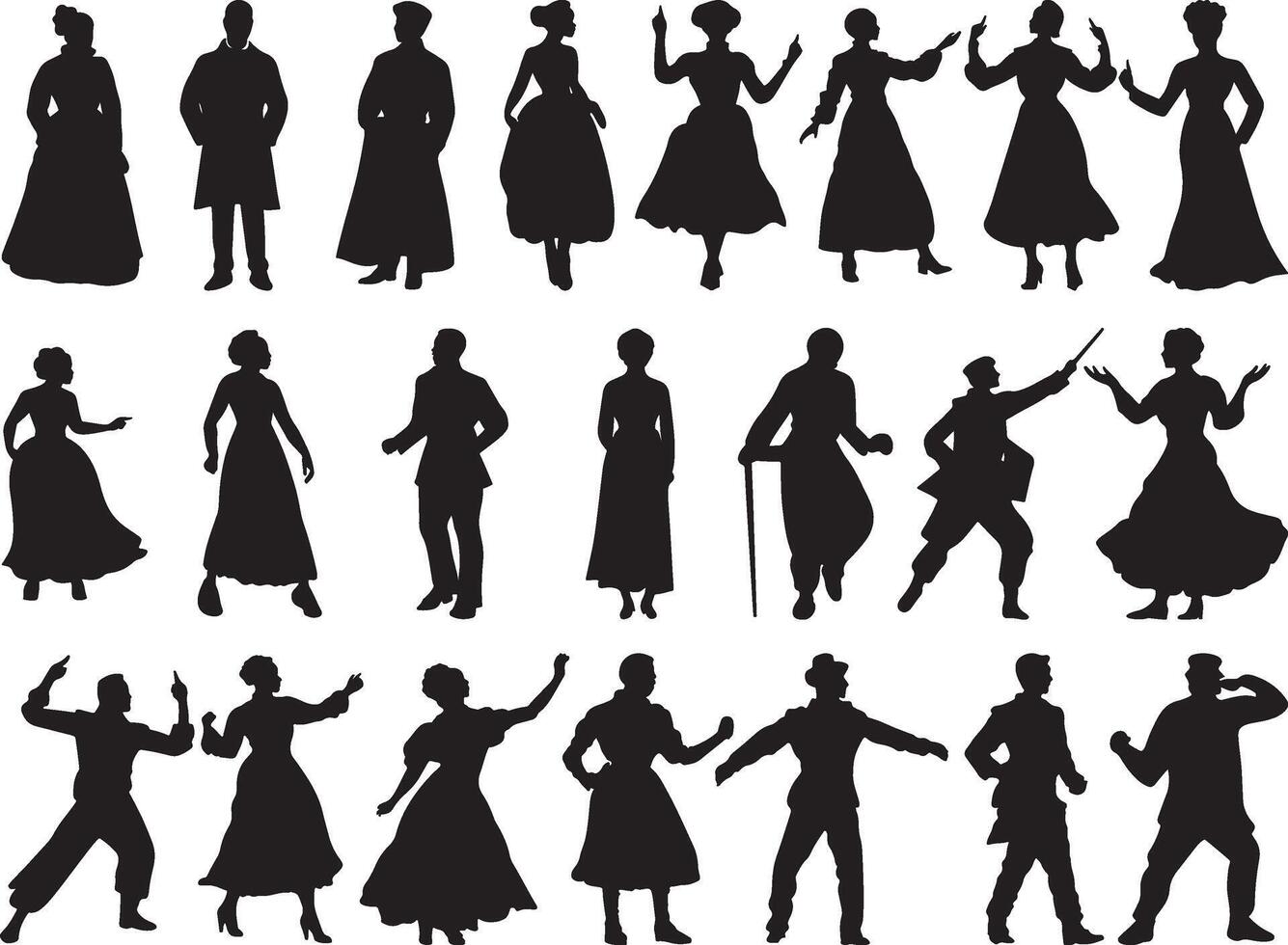 Vintage Silhouettes of Diverse People in Period Attire vector