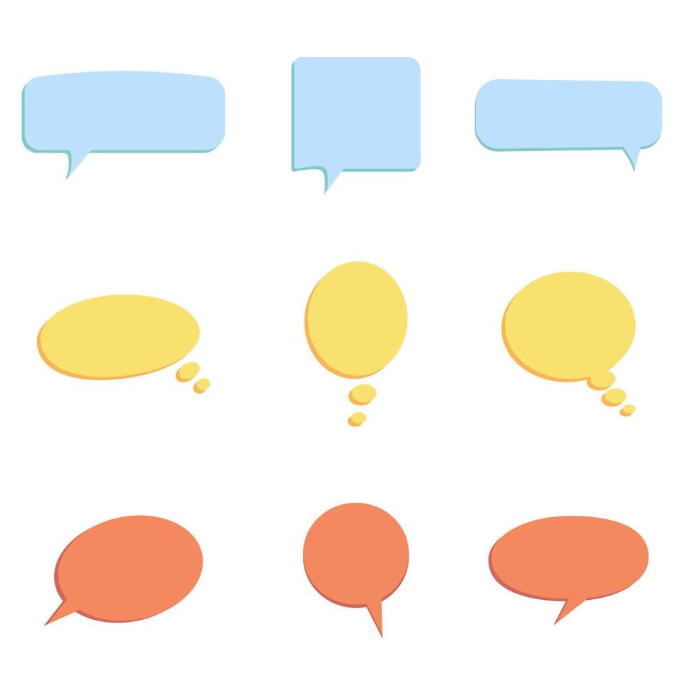 Collection of clean speech and thought bubbles in light blue, yellow, and orange. Features various shapes with a subtle 3D shadow effect. For chat, comments, web design vector