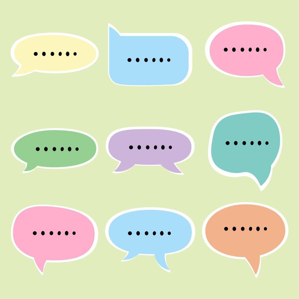 Set of colorful pastel speech bubbles with ellipsis dots. Flat design icons representing typing, waiting, thinking, or message loading vector