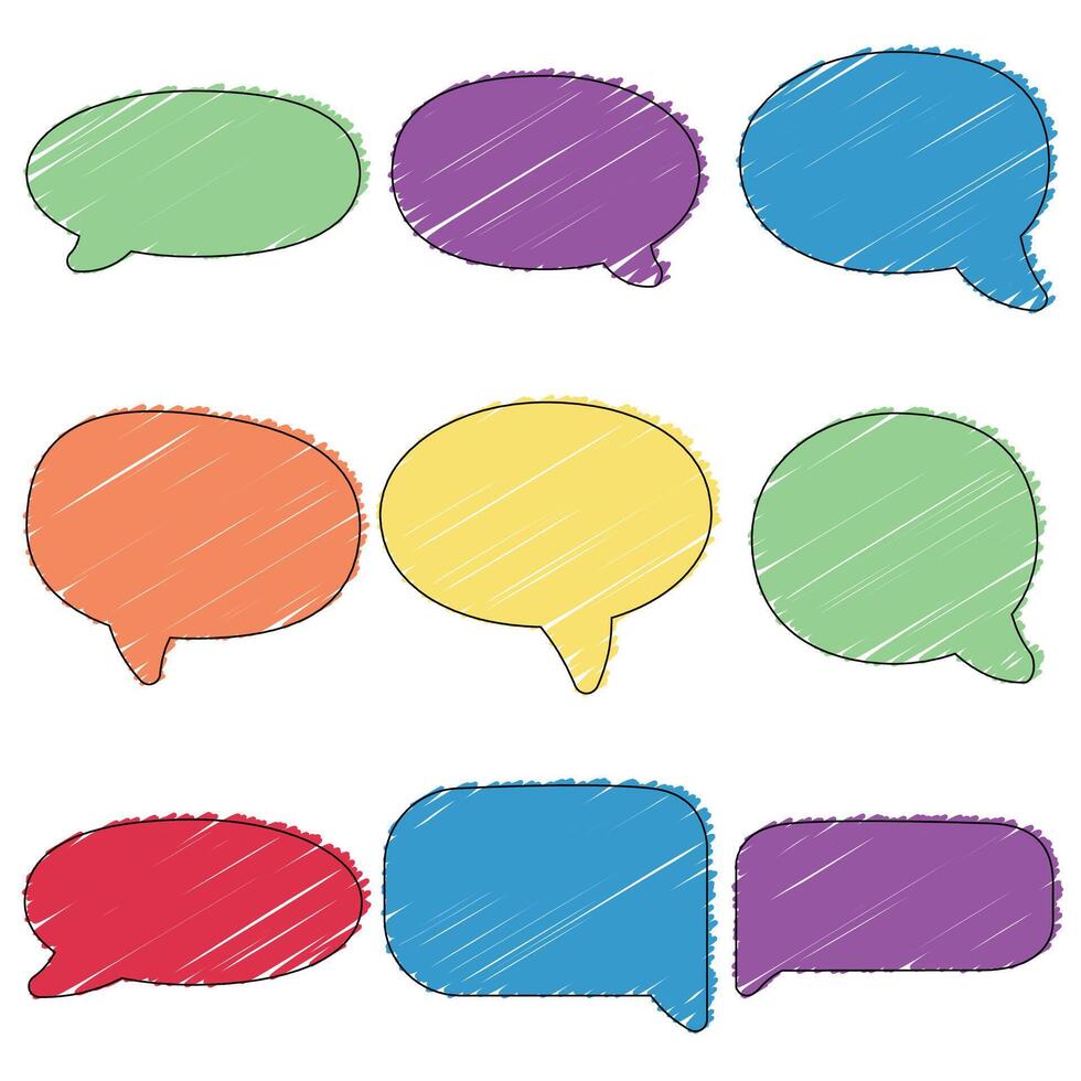 Collection of colorful speech bubbles with a hand drawn scribble texture fill and black outlines. Sketchy for chat, comics, messages, quotes, or creative projects vector