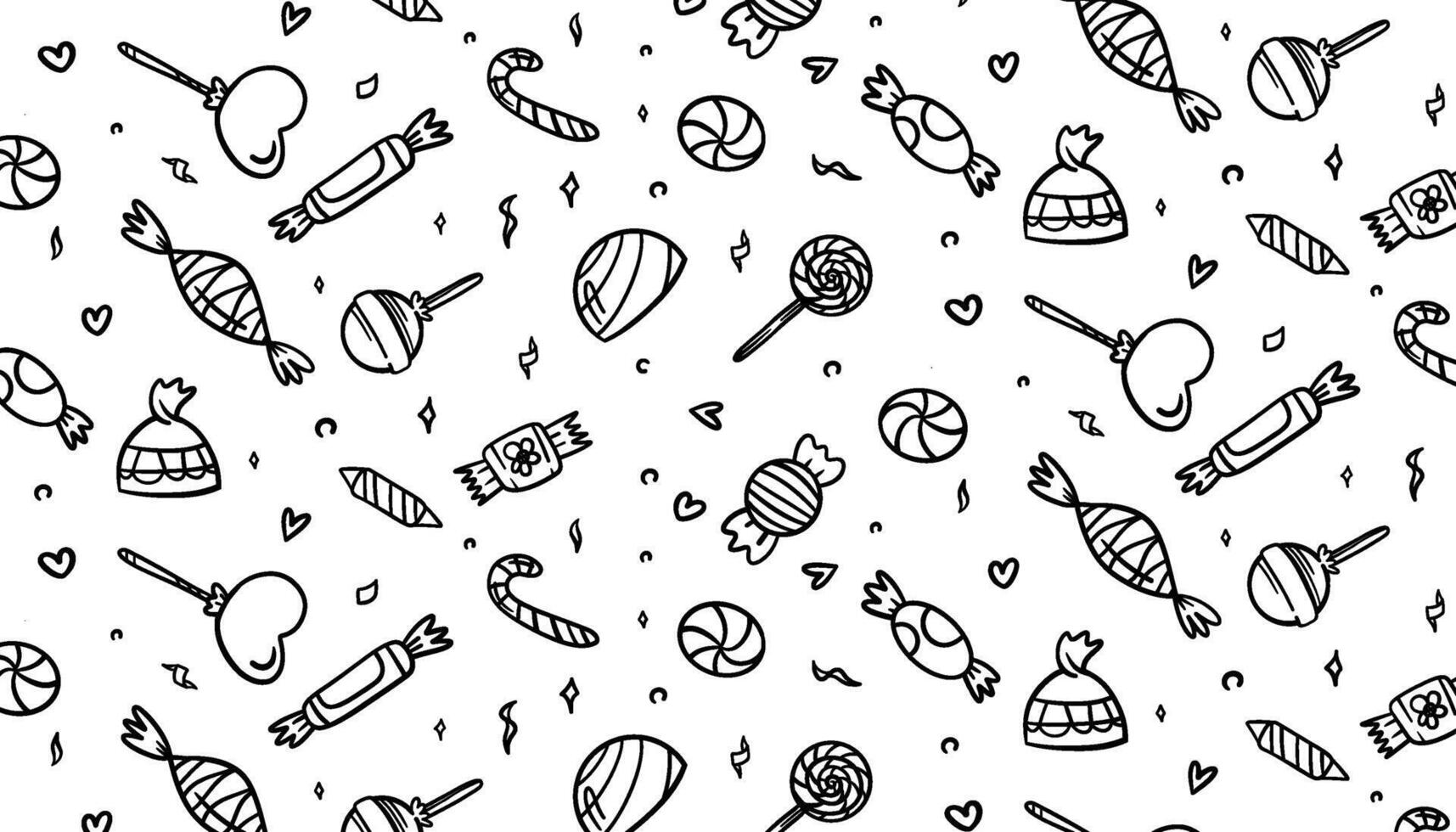 Sweets icons background featuring cake pops, lollipops, jelly, candy corn, and candy. Hand drawn sketch style illustration. Perfect for party designs, packaging, kids projects vector