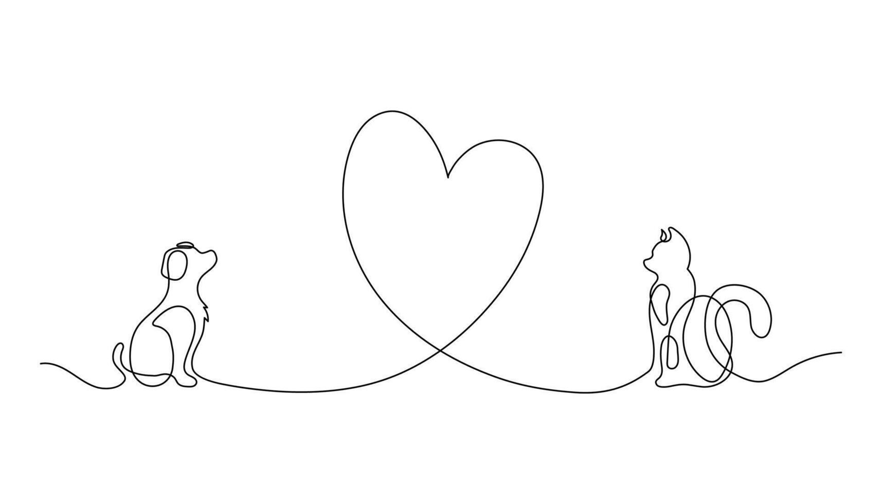 Cute dog and cat looking at each other, pet online continuous hand drawn objects. Cute pets one line art. vector