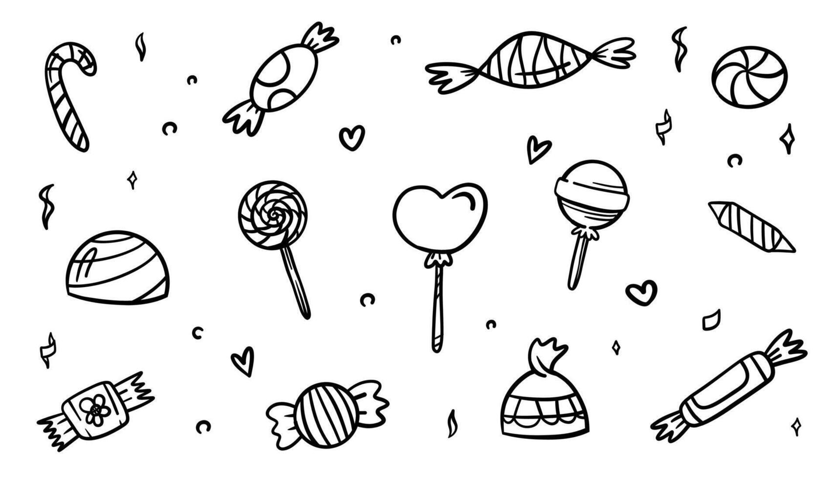 Hand drawn candy collection in doodle sketch style. Set of various sweet treat elements, isolated on white background. Perfect for packaging, kids designs, party invitations vector