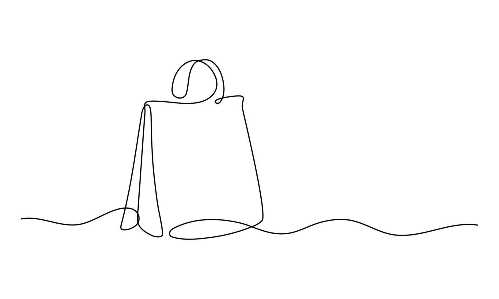 One line drawing of a shopping bag. Minimalist continuous line illustration of a paper package. Simple hand-drawn style, perfect for eco shopping, retail, branding, and packaging design. vector