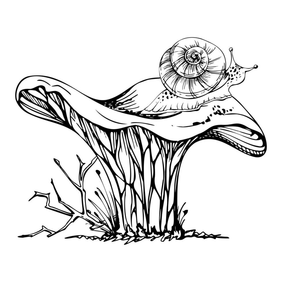 Golden chanterelle girolle mushroom with snail on top, twisting branch moss growth. Fungus nature illustration hand drawn in ink. Autumn forest harvest, vegan cooking edible raw ingredient. vector
