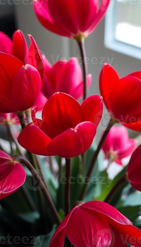 vase filled with red flowers next to a window photo