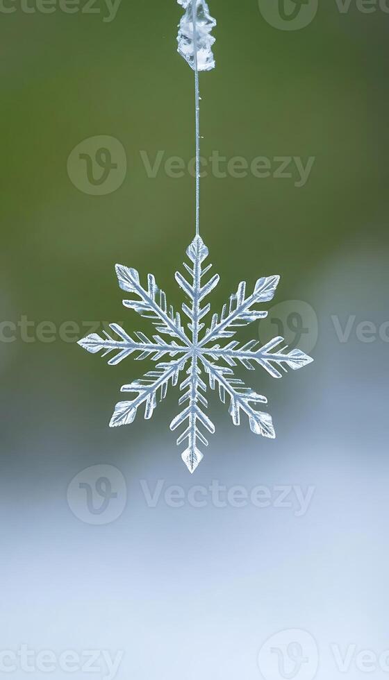 snowflake hanging from a wire on a green background photo