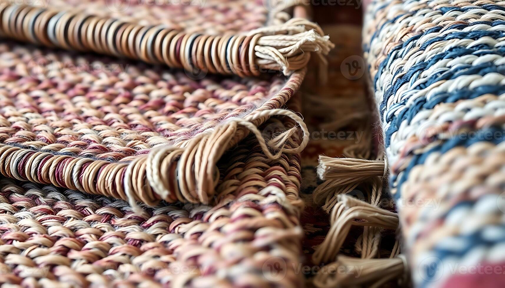 A close up of a woven rug with a few different colors photo