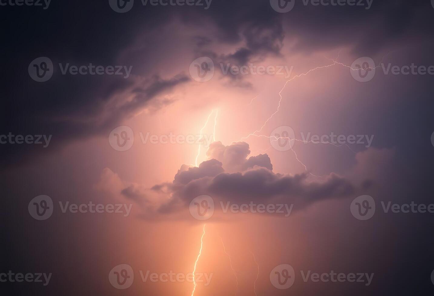 Lightning strikes through the clouds in the sky photo