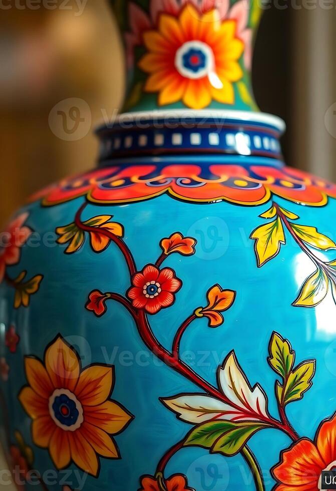 blue vase with flowers painted on it photo