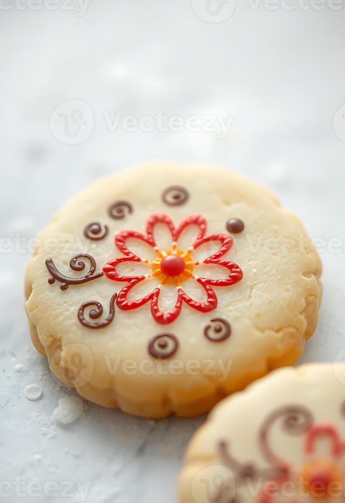 two decorated cookies sitting on top of a table photo