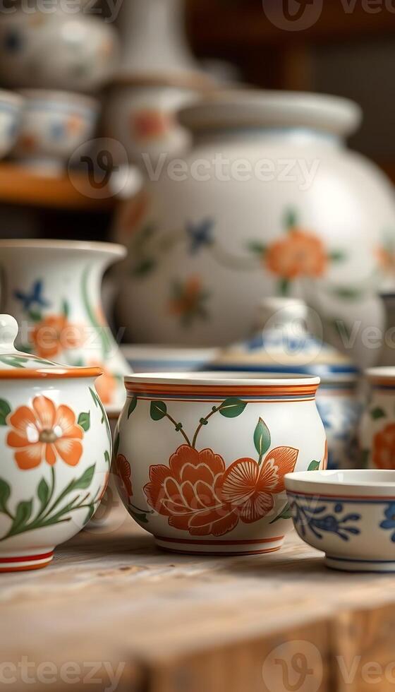 table topped with lots of white and orange vases photo