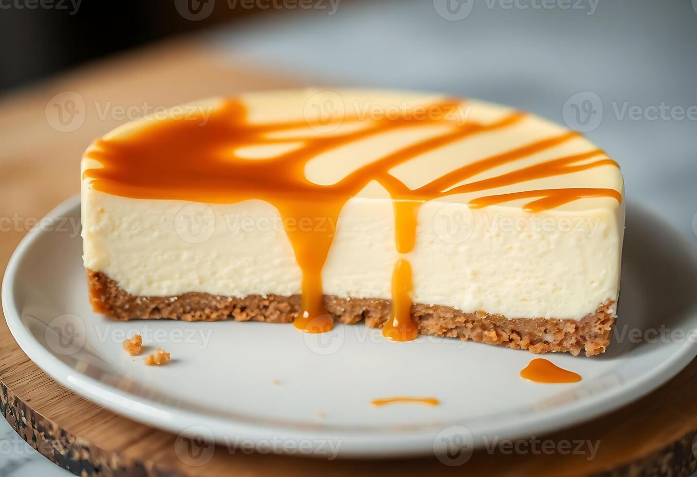 cheesecake with caramel drizzle on a plate photo