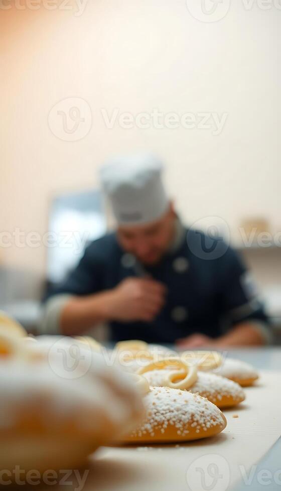 man in a chef's hat standing in front of a line of past photo