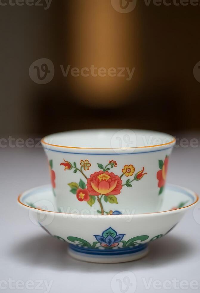 A chinese tea cup and saucer with a flower design photo