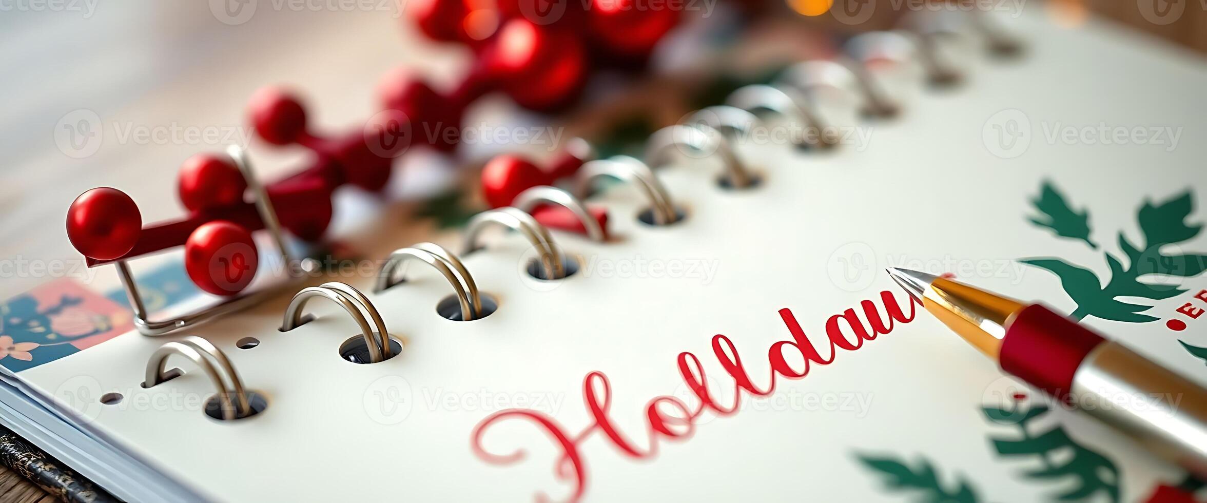 notepad with a pen and a christmas themed holiday calendar photo