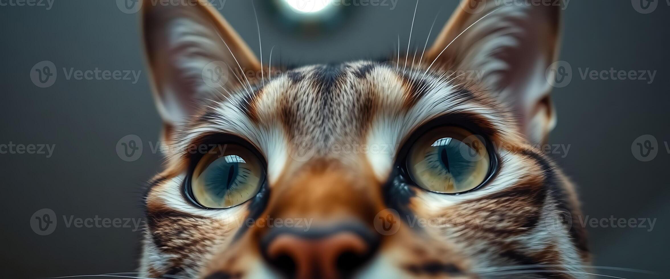 close up of a cat's face with a light in the background photo
