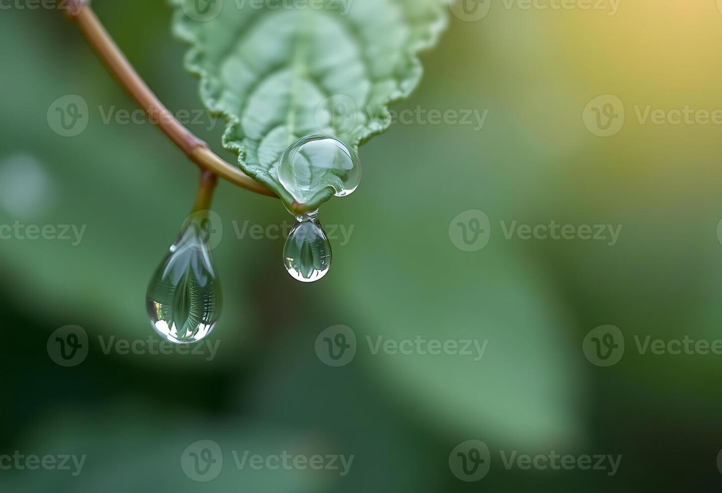 two drops of water hanging from a green leaf photo