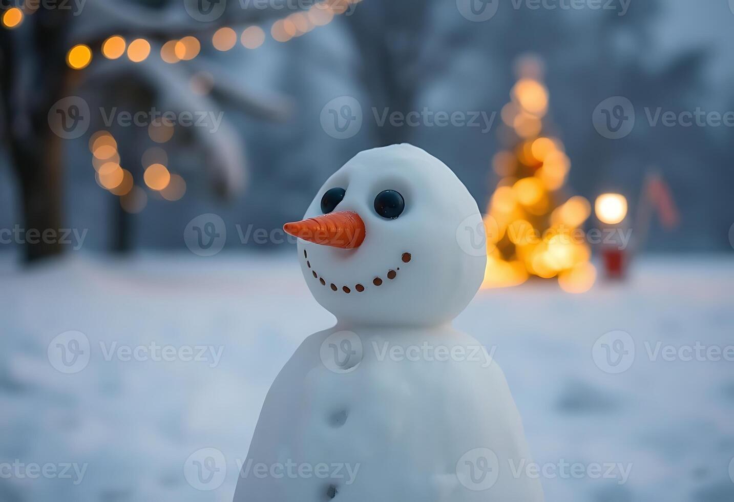 close up of a snowman with a christmas tree in the background photo