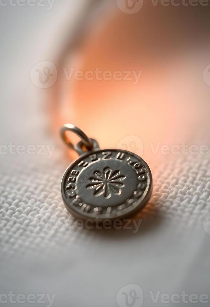 close up of a medallion on a white cloth photo