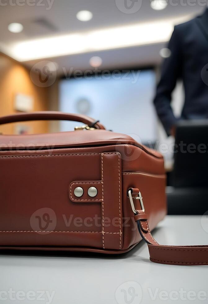brown suitcase sitting on top of a table photo