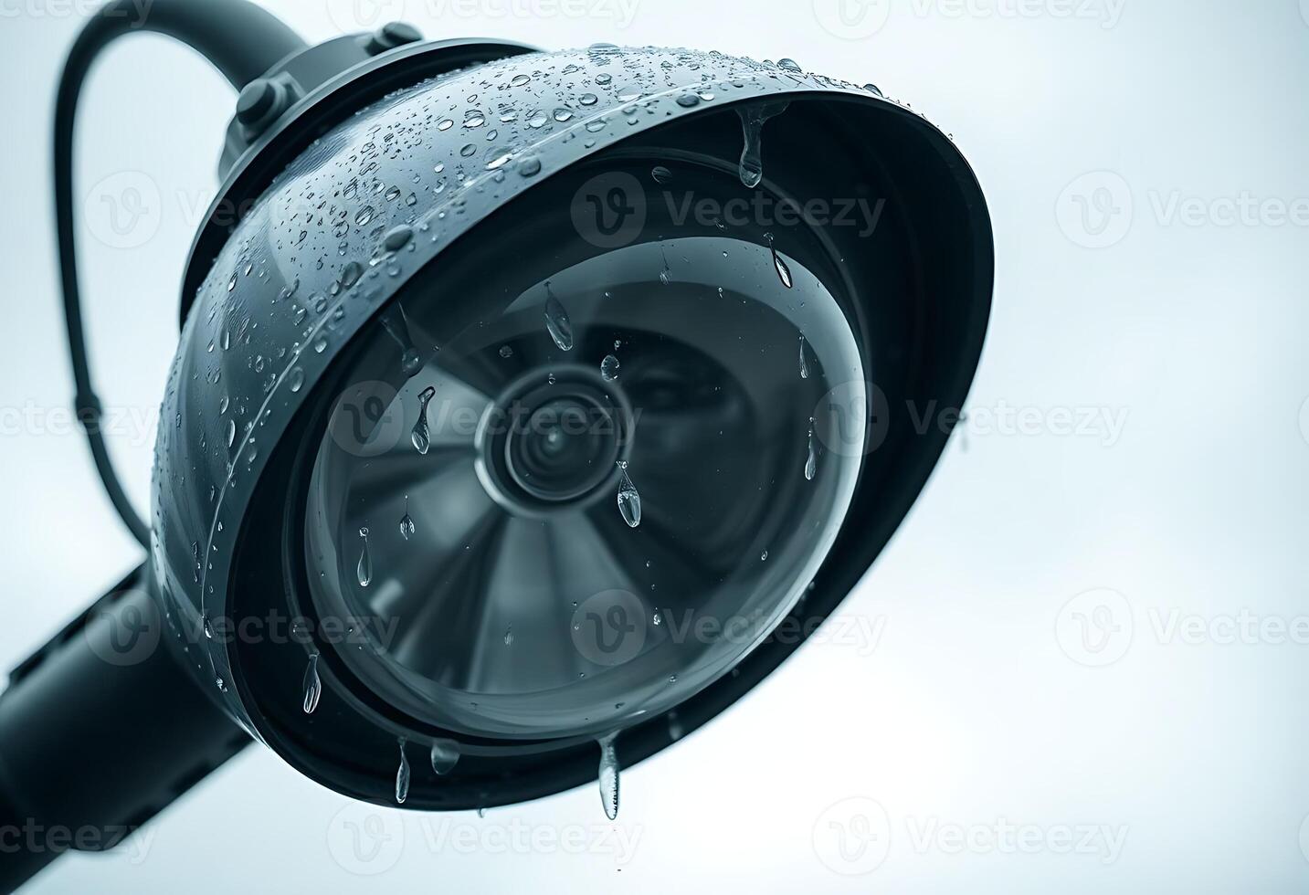 A close up of a surveillance camera with rain drops on it photo