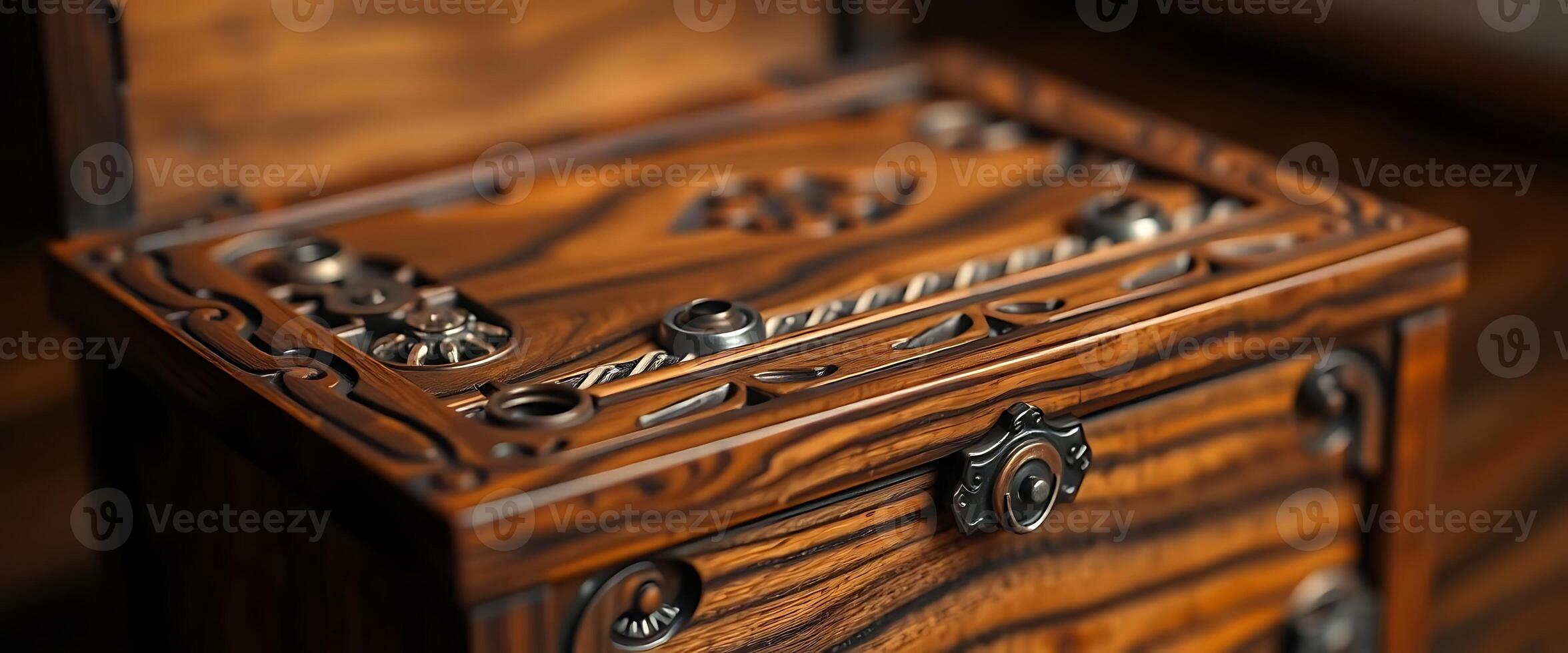 close up of a wooden box with metal knobs photo