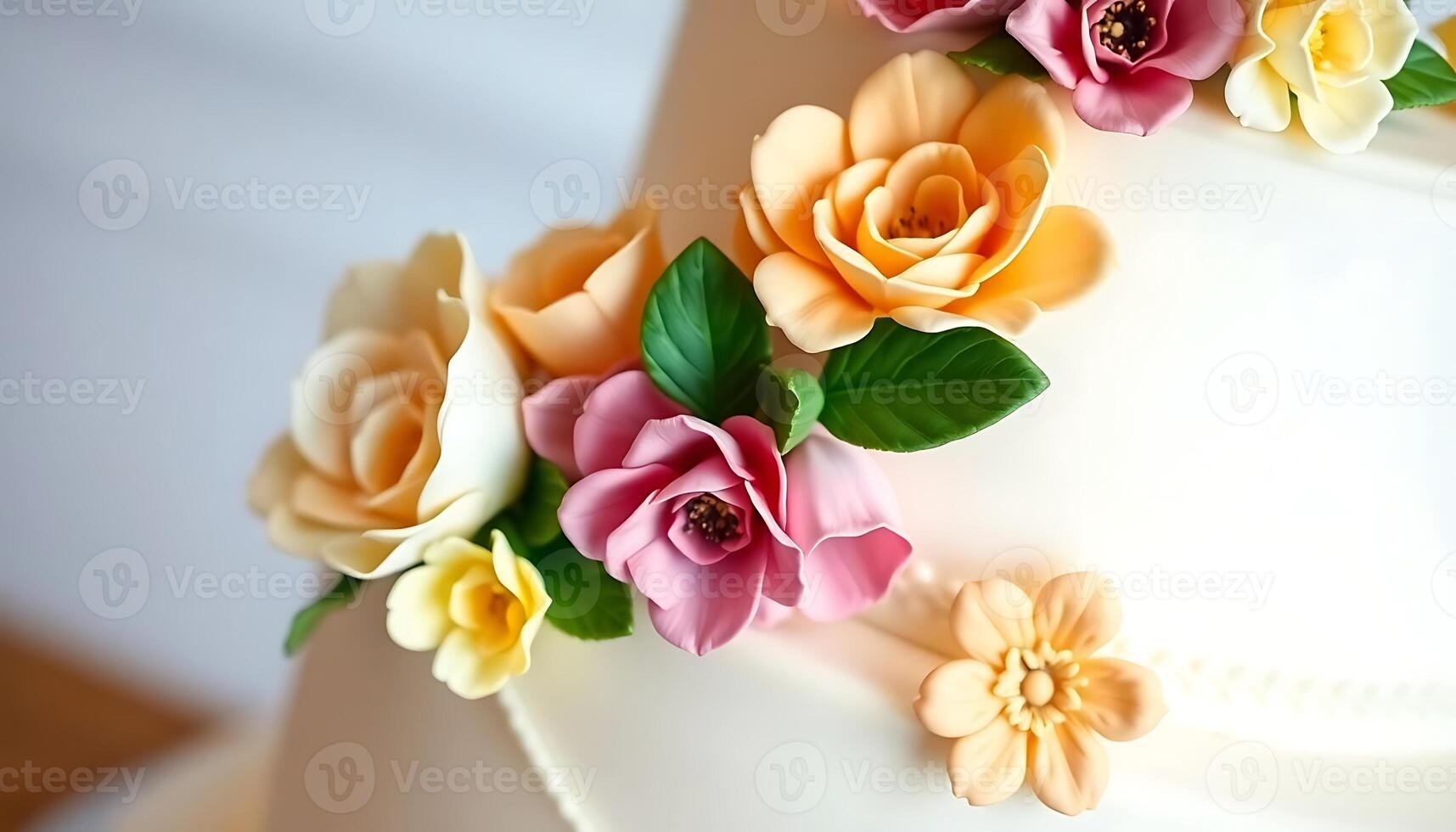 A close up of a white cake with colorful flowers photo