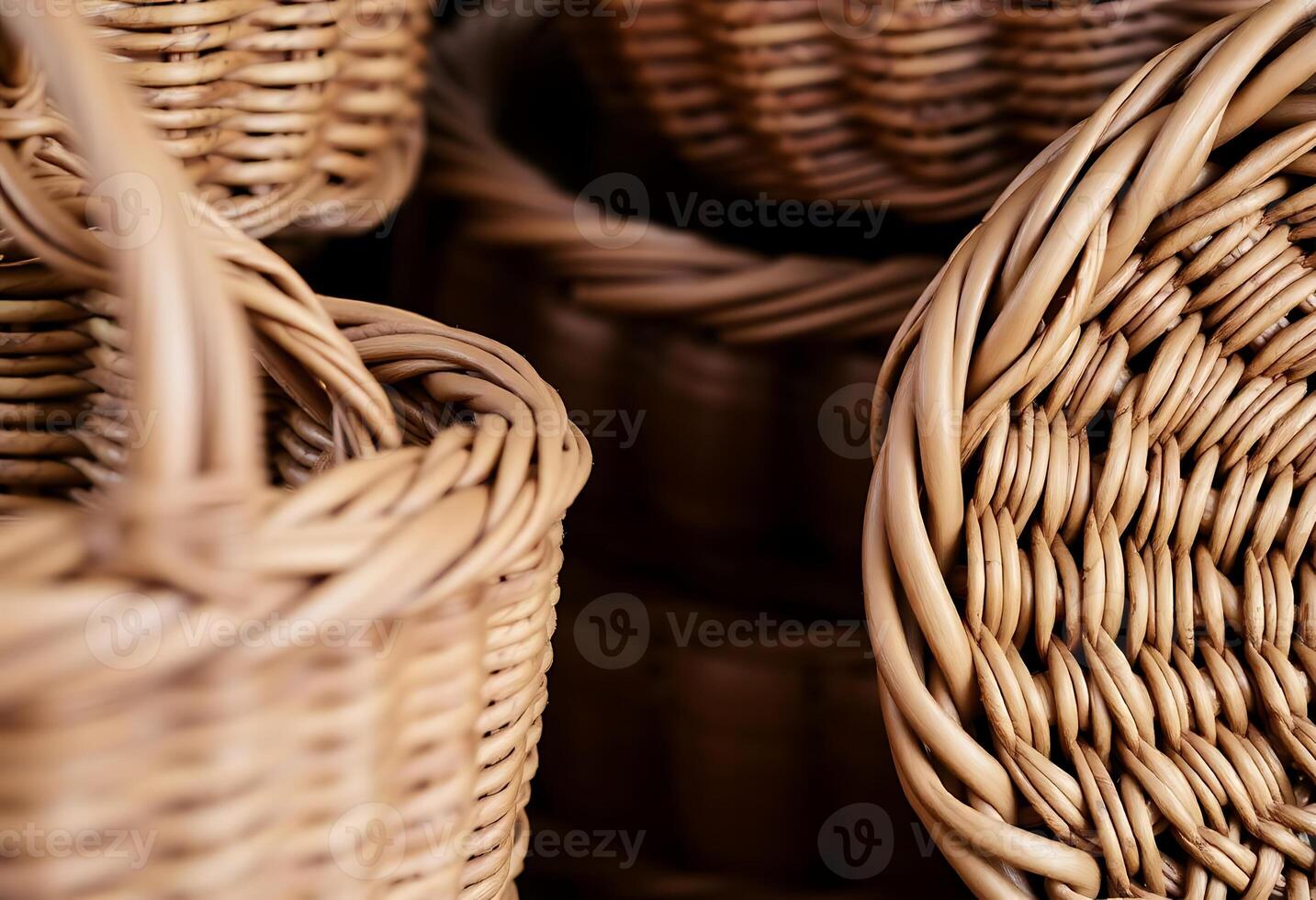 several wicker baskets stacked together in a pile photo