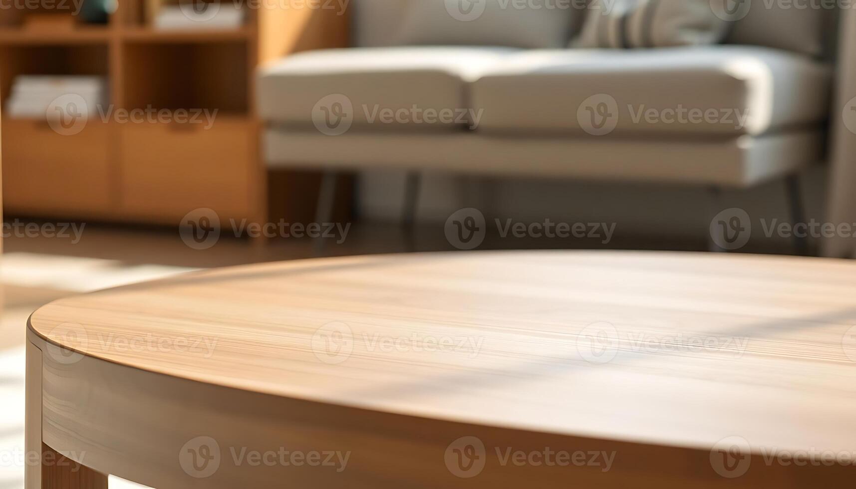 A wooden table in front of a couch photo