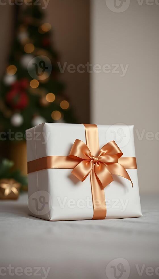 white gift box with a gold ribbon and a christmas tree in the background photo