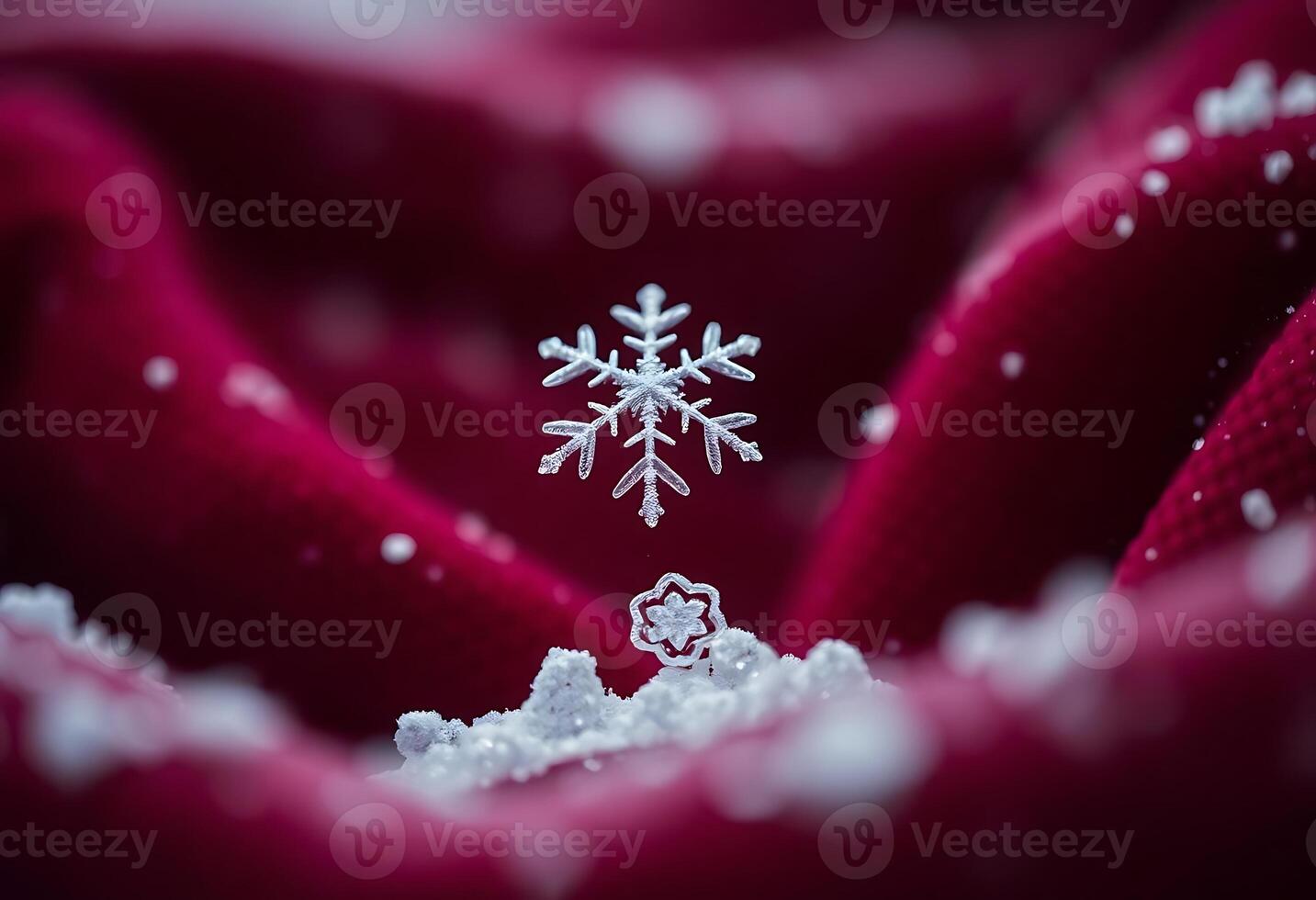 close up of a snowflake on a red cloth photo