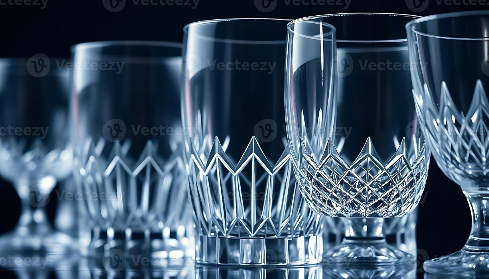 row of crystal wine glasses sitting on a table photo