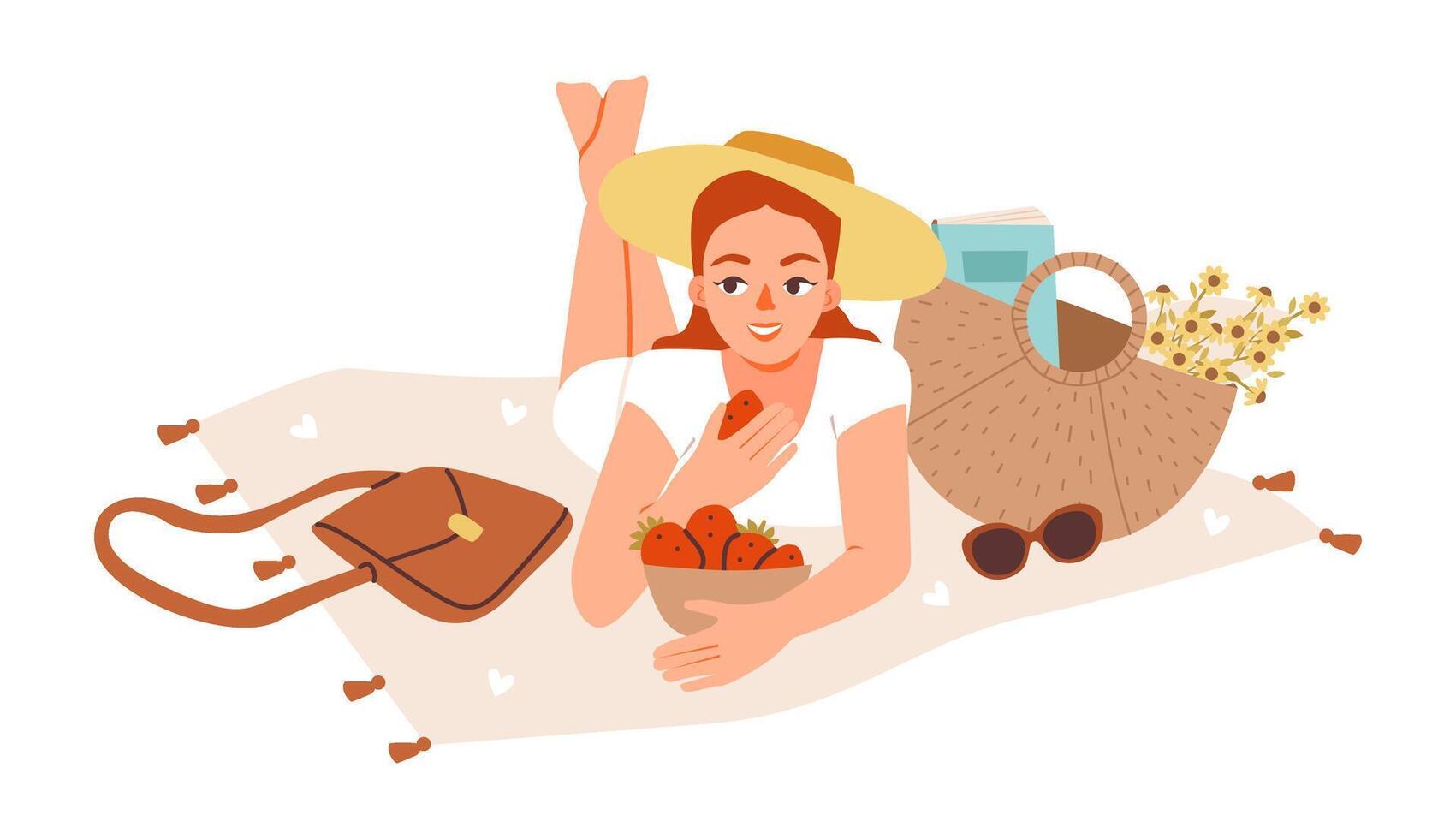 Flat illustration of a woman enjoying a summer picnic with strawberries and a cozy blanket. Joyful woman, alfresco meal, and sunny holiday mood. vector