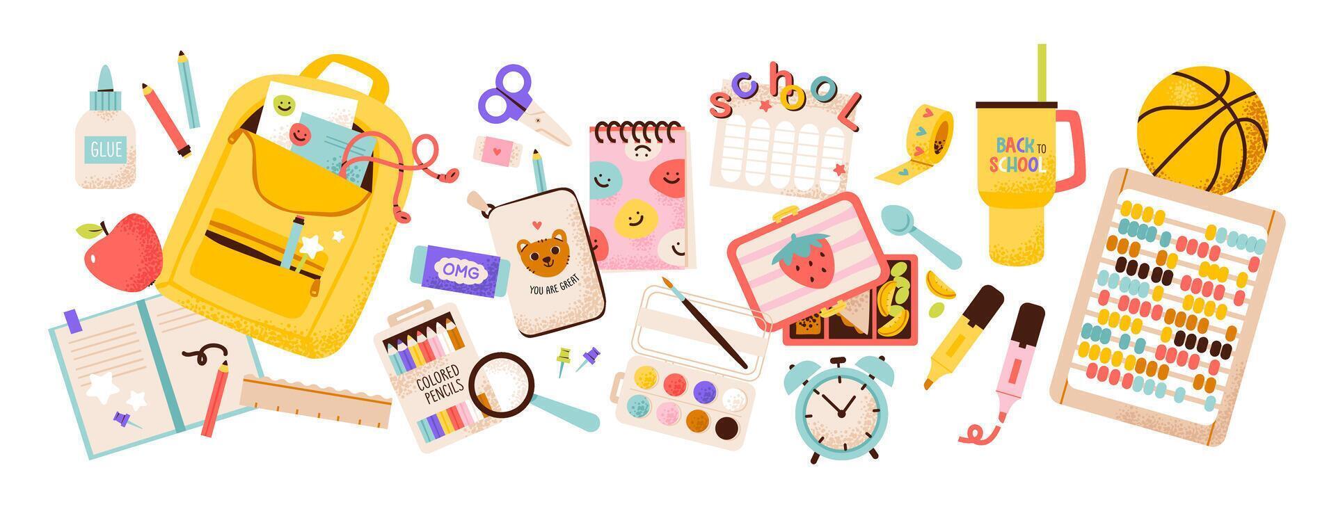 School supplies for kids. Backpack, stationery, and classroom items. Education, back to school, and learning themes. Modern flat illustration school accessory set. vector