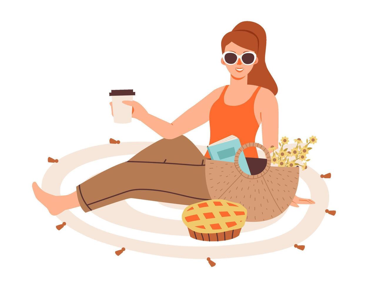 Flat illustration of a woman enjoying a summer picnic with pie. Holiday outing in the countryside. A cheerful woman relaxes on a blanket with food. vector